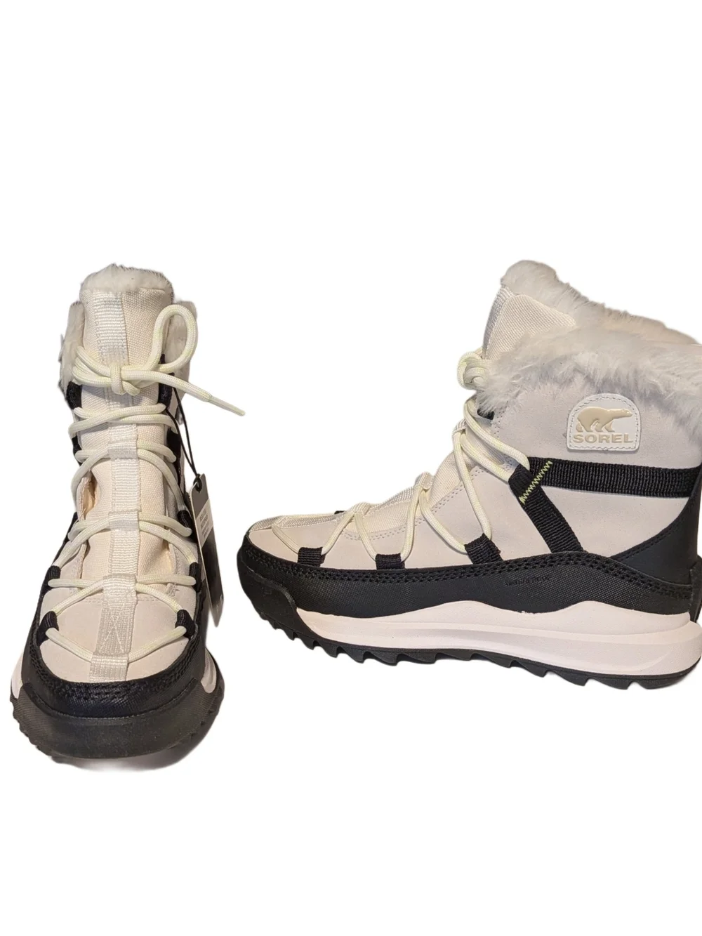 Sorel Ona RMX Glacy WP 1988611-3Sorel Women's White and Black Fur-Trim Snow Boot
